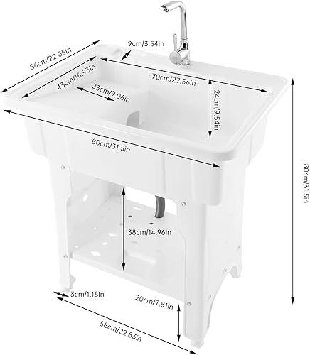 Miniatura 2 de Fregadero de lavandería de plástico independiente+mangueras y kit de drenaje para lavandería, garaje, sótano, jardín