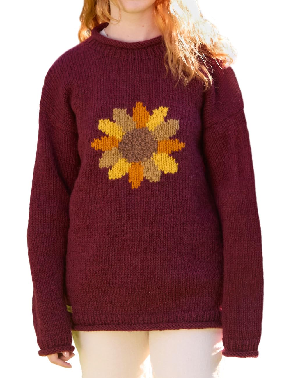 Pachamama Women Wool Jumper Handknitted Sunflower Motif Bark Burgundy Handmade Thick Warm Pullover Sweater Fair Trade (UK, Alpha, S, Regular, Regular, Burgundy)