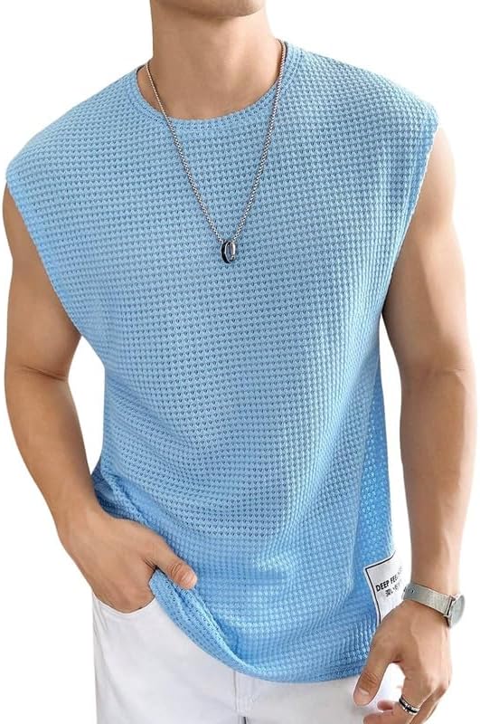 Mens Waffle Tank Tops Sleeveless Round Neck Polycotton T-Shirt for Gym, Running and Outdoor