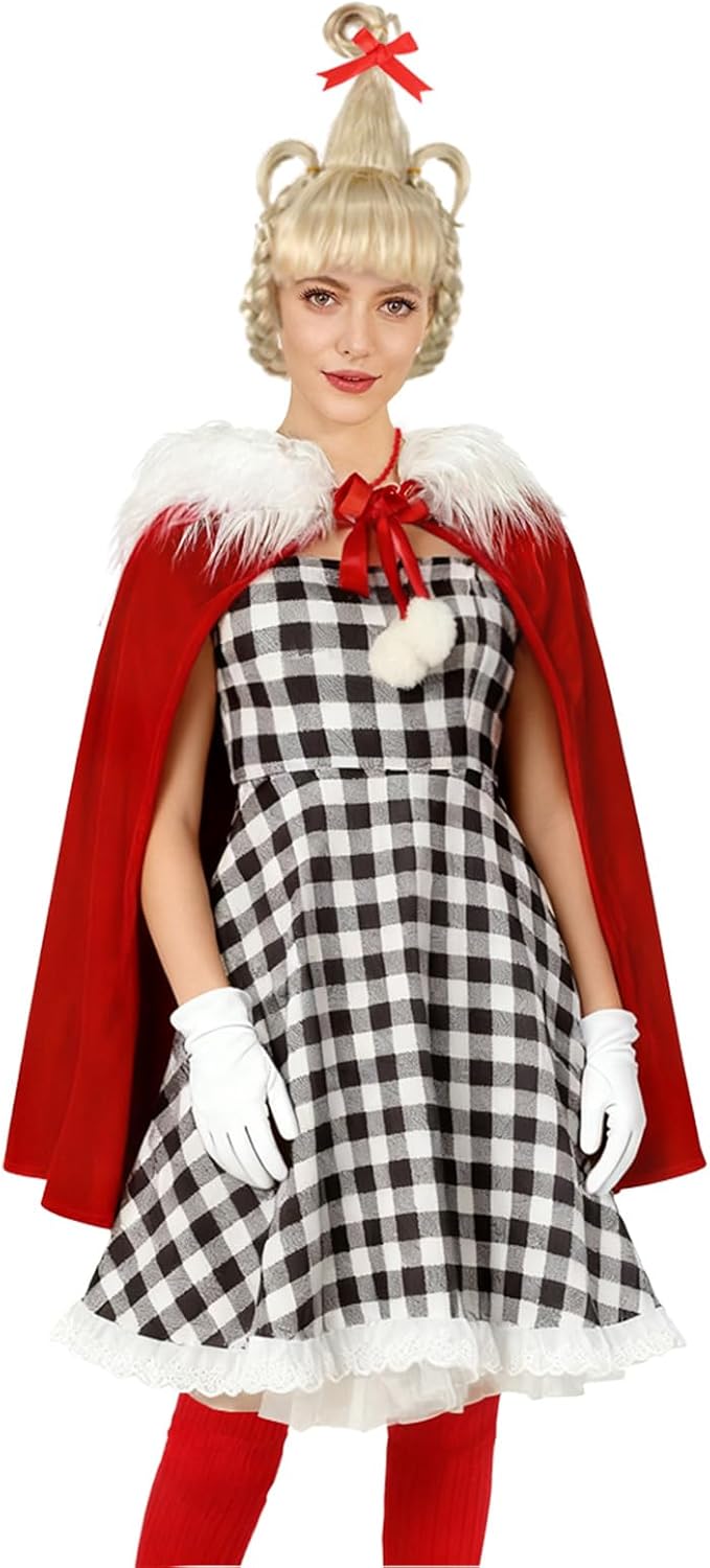 Pigmiss 8PCS Cindy Costume Women Adult Houndstooth Dress with Cindy Wig Cape Halloween Christmas Cosplay Accessories - Image 5