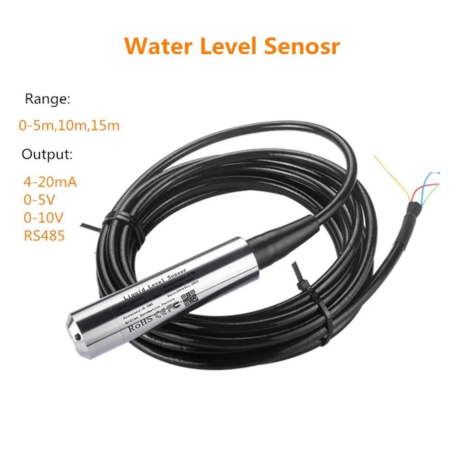 Sensor de nivel de agua 4-20mA 0-5V 0-10V 5m 10m 15m Sensor de nivel hidrostático de aceite de agua Sonda de medición de Tanque De Agua Alta sensibilidad para múltiples medios(5M Range 10M Cable)