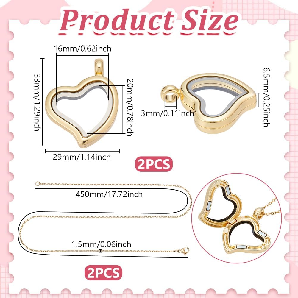 UNICRAFTALE Memory Locket Pendant Kit 2Pcs Heart Picture Locket Charm with 304 Stainless Steel Chains Golden Heart Bezel Photo Pendants Trays for DIY Necklace Gift 17.72 Inch