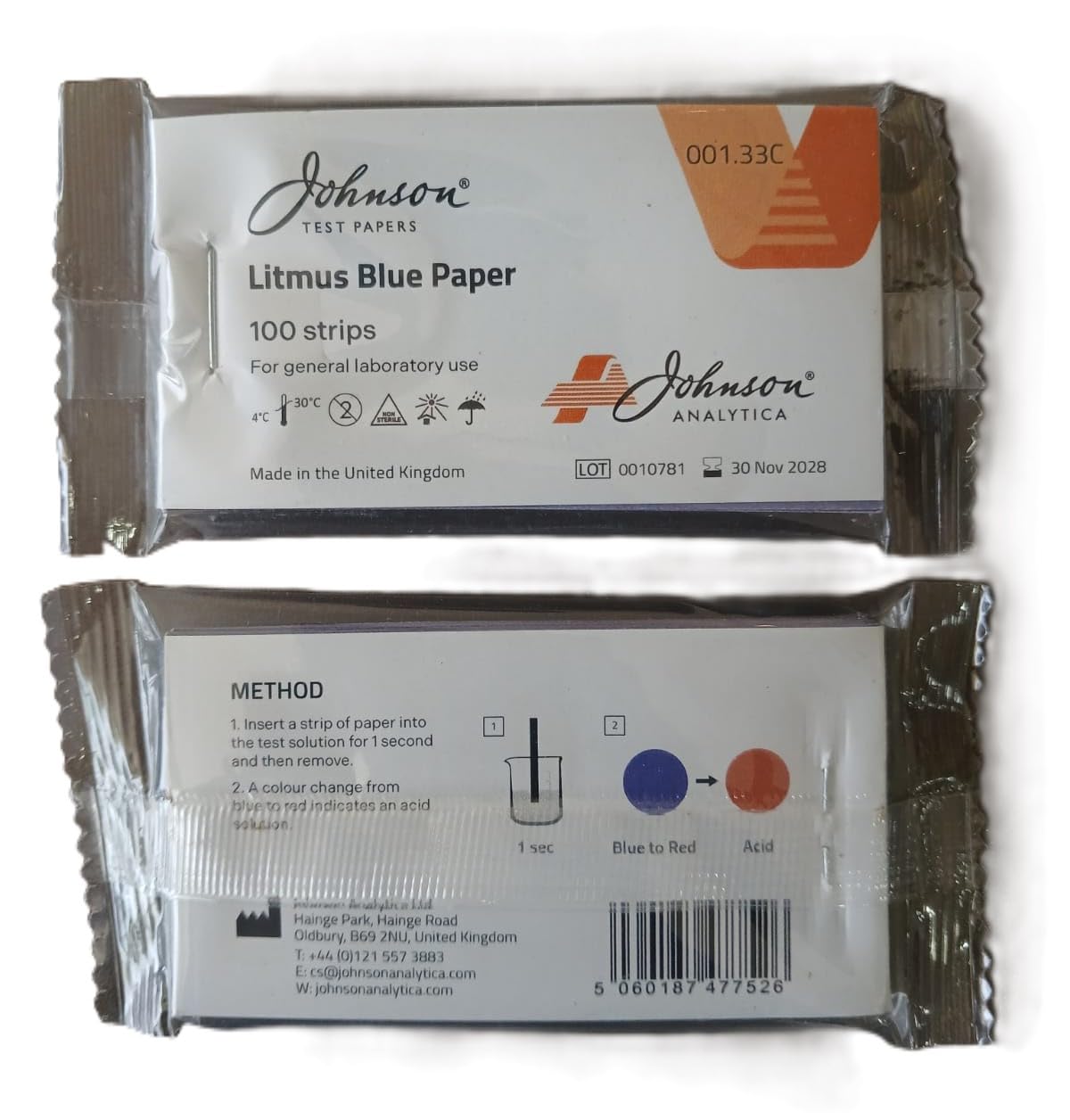 Johnson Blue Litmus Test Paper, 001.33C, pH 7, 100 Strips/Pack