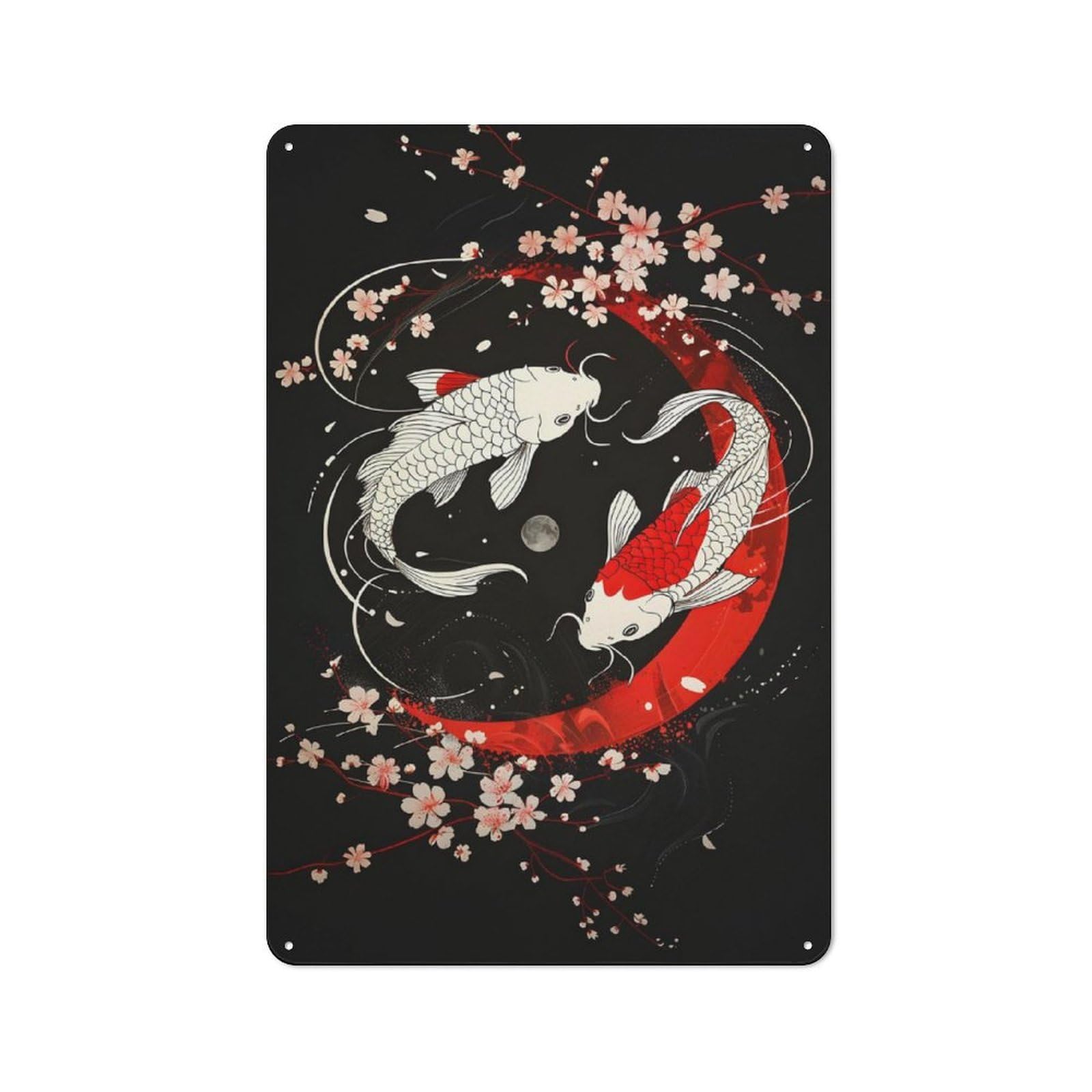 Junmoney Fish And Cherry Blossom Retro Metal Sign 30X20cm For Lounge Or Reading Corner, For An Autumn Wall Display In Lounge And Reading Corner