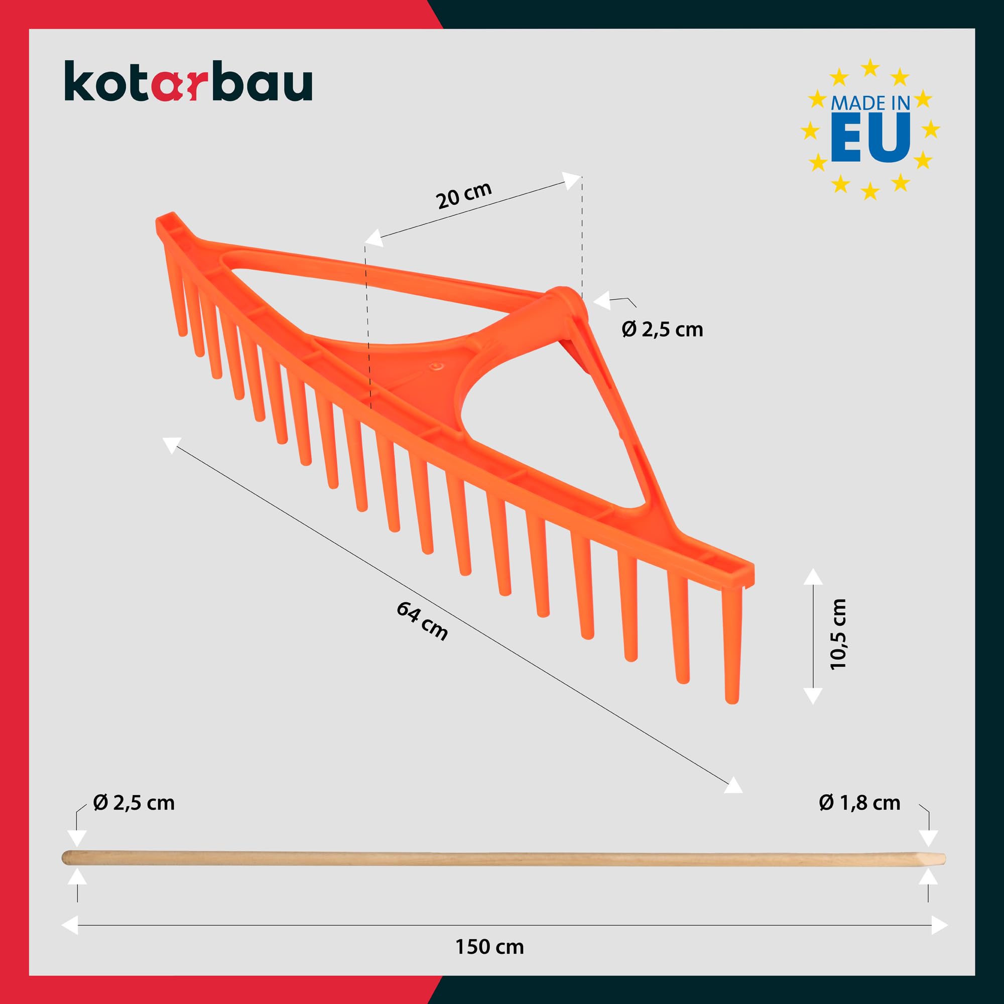 KOTARBAU® Rateau Jardin - Rateau à Feuilles - Plastique - 64 cm - Orange - 18 Dents - avec Manche - Outil Jardinage Léger - Ramasse Herbe - Gazon - Branches Déchets