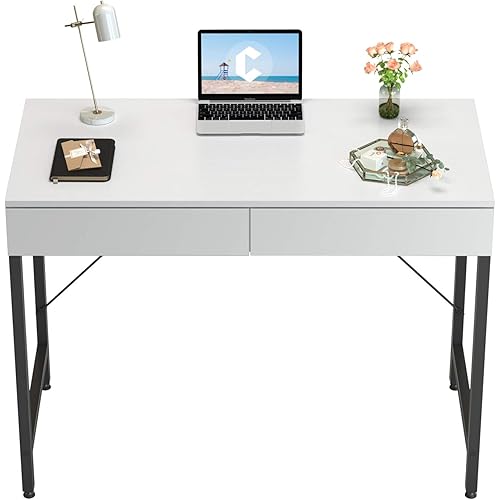 CubiCubi Computer Small Desk, 40 inches with 2 Storage Drawers for Home Office Writing Desk, Makeup Vanity Console Table, White