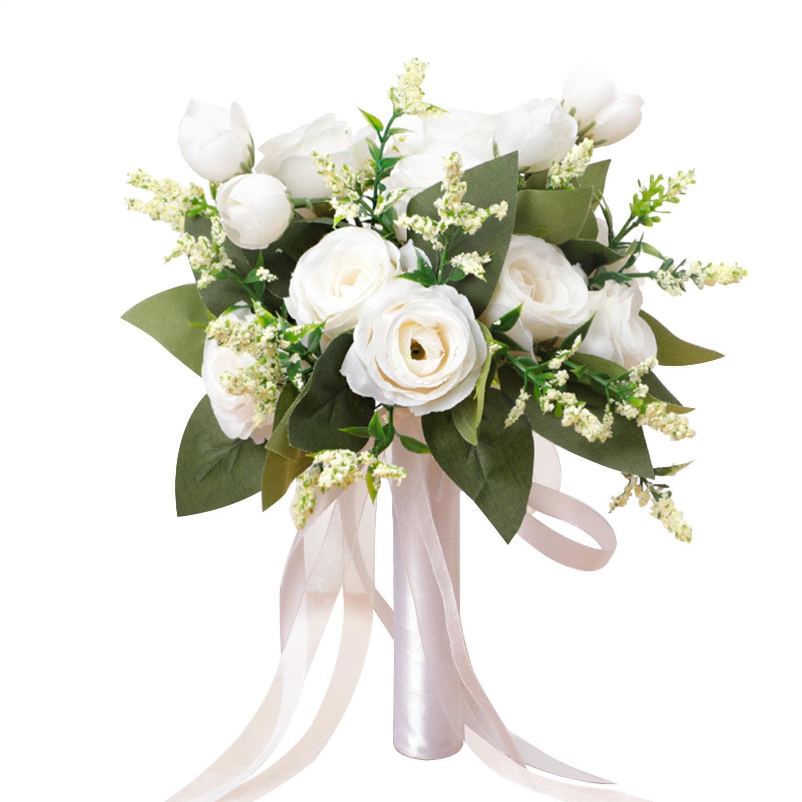 Wpsagek Bridal Wedding Bouquet White, Artificial Rose Flower Bouquet, Reusable Bouquets Of Rose Flowers For Valentine Wedding Thanksgiving Birthday Party