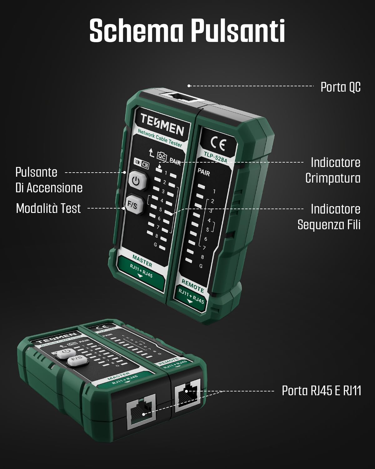 TESMEN TLP-528A Tester per cavi di rete, RJ11/RJ45, tester Ethernet LAN/TEL con test continuità & QC, per CAT5/CAT6/CAT7, ideale per manutenzione cavi – Verde