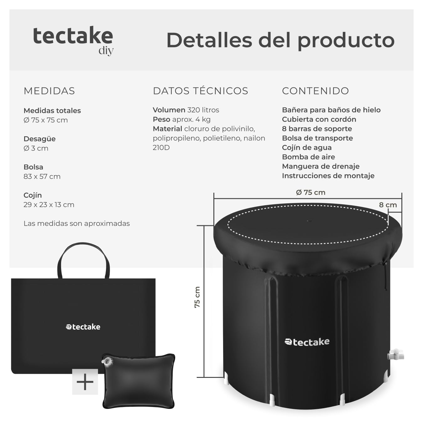 tectake® Bañera Hielo, Bañera Plegable Adulto, Piscina Plegable, Crioterapia, Piscina de Hielo, Baños Portatiles, Piscinas Plegables - 75 x 75 x 75 cm