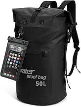 WELDUN Sac étanche 35L/50L Sac à Dos Sec, Sac à roulettes avec étui pour téléphone IPX8, pour Le Bateau, Le Kayak, la randonnée, Le Camping, la pêche, Le Rafting, 50L Noir