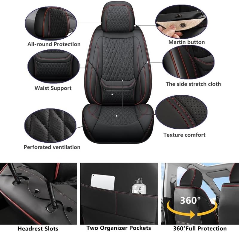 Car Seat Covers Full Set Custom Fit for Saturn Aura 2006-2009 - Premium Faux Leather with Lumbar Support | Breathable, Waterproof, Anti-Slip, Durable (Black&Red,Full Set)