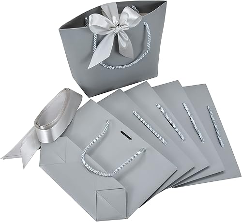 Miniatura 5 de HUAPRINT Bolsas de regalo con asas, bolsas de recuerdo de fiesta con cinta de lazo, 12 bolsas de papel gris para cumpleaños, boda, dama de honor,
