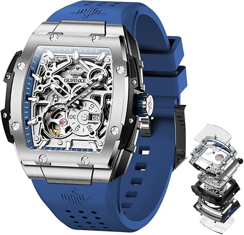 Miniatura 12 de OUPINKE Reloj para hombre, cuerda automática, de lujo, esqueleto, mecánico, vestido de negocios, cuadrado, relojes de pulsera con calendario, negro