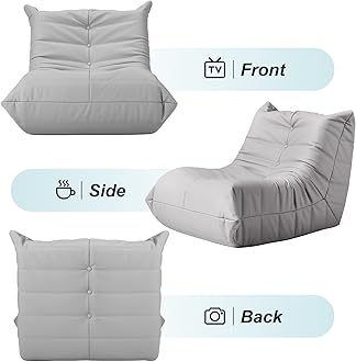 Hobestluk Giant Bean Bag Chair Lazy Floor Sofa, Memory Foam Fireside Sofa for Adults, Big Beanbag Faux Leather Armless Chair for Living Room Bedroom Dorm Office (Light Grey, Single)