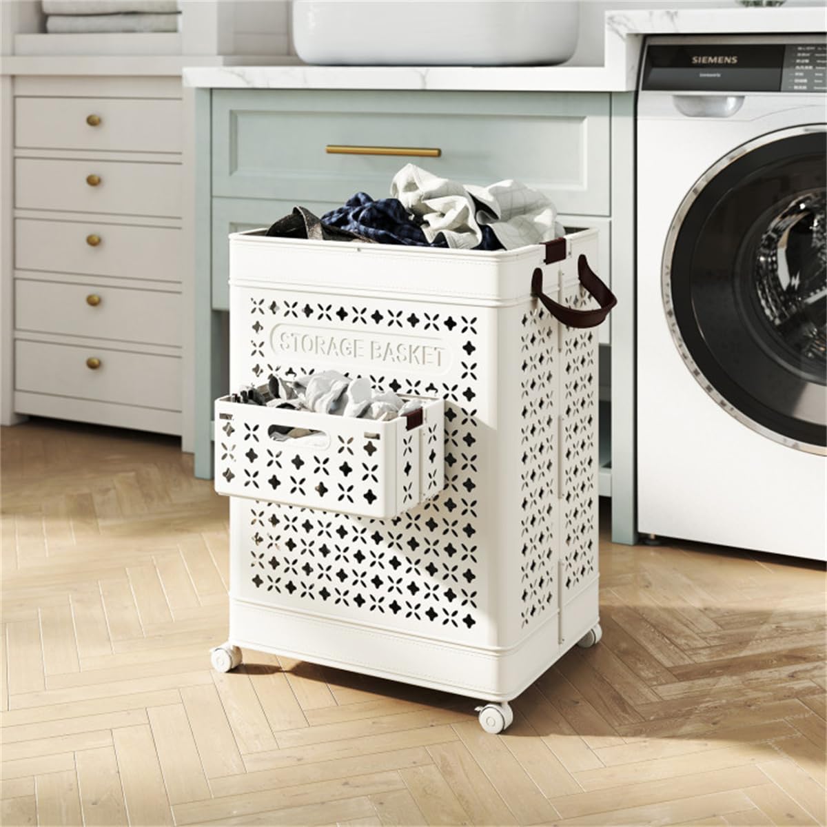 20 Gallon Foldable Laundry Hamper with Wheels, Laundry Basket with Mini Hanging Basket, Rolling Laundry Bin for Laundry Room,Clothes Hamper with Side Compartments, Portable Laundry Hamper on Wheels
