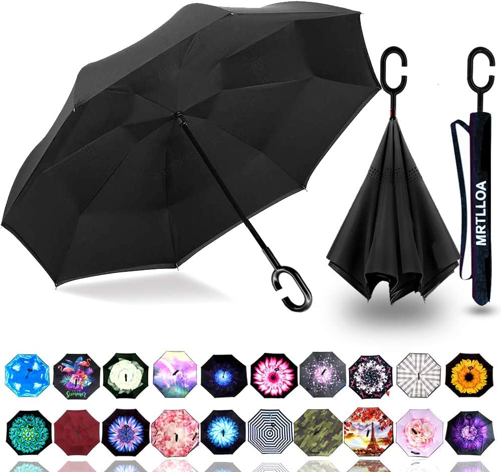 MRTLLOA 40/49/56 Inch Oversize Windproof Inverted Reverse Upside Down Umbrella, Golf Size Rain Umbrella, Double Layer, C-Shaped Handle for Men, Women and Kids (Black, 56 Inch)