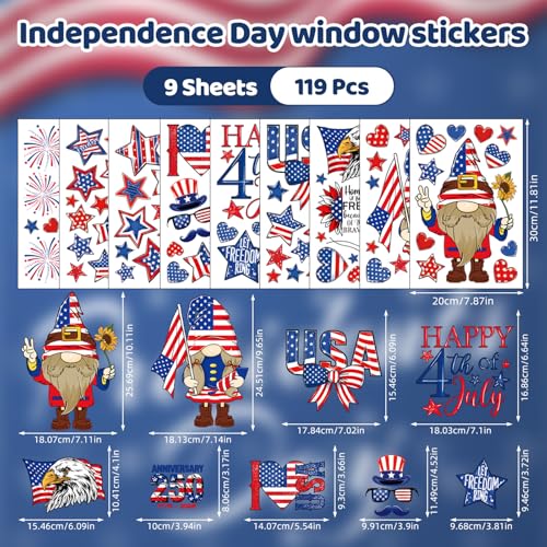 Image of 119PCS 4th of July Window Clings for Glass Windows, USA 250th Independence Day Decorations, Patriotic Static Cling Window Stickers Reusable for Home Office Party Decor, Red White Blue Window Decals