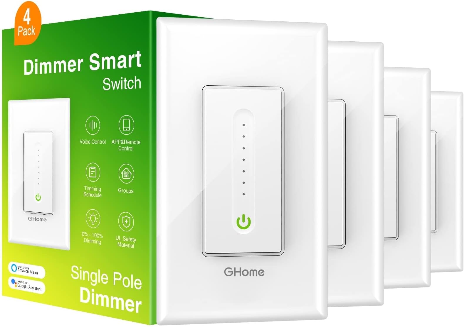GHome Smart Dimmer Switch Works with Alexa Google Home, Single Pole 2.4GHz Wi-Fi Switch for Dimmable LED CFL INC Light Bulbs, Neutral Wire Required, Not 3 Way, No Hub Required, 4Pack
