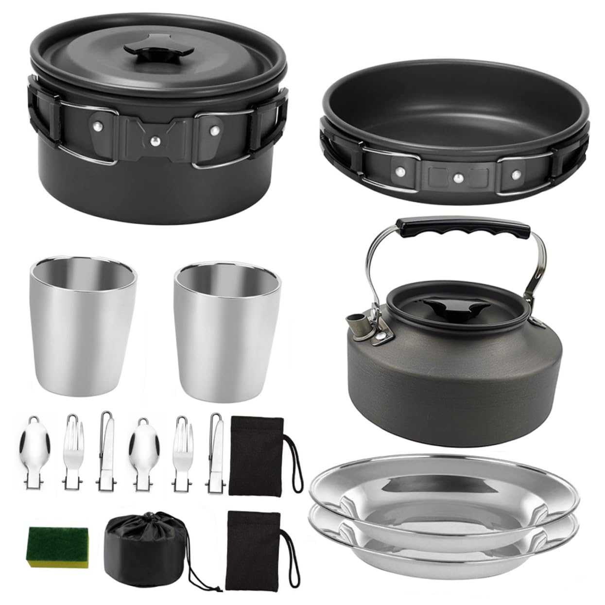 Kit de Cocina de Camping para 2-3 Personas, Juego de Utensilios de Aleación de Aluminio Negro, Fácil de Transportar y Almacenar para Actividades al Aire Libre