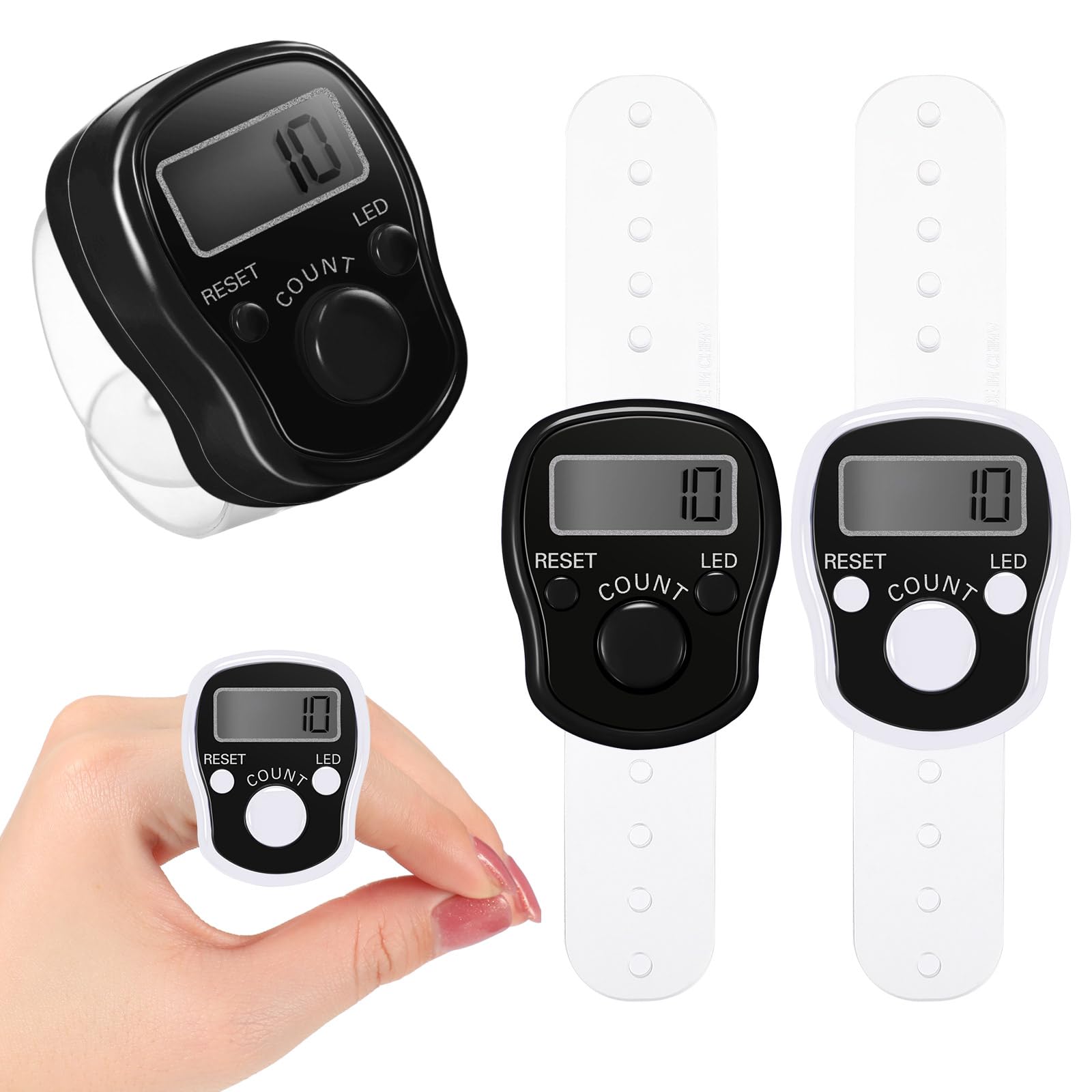 2 Contatori da Dito Elettronici Contatori Digitali a Dito a LED a 5 Cifre Contatori Manuali Ripristinabili Mini Contatore a Mano Conteggio dei Contatori con Anello (Classico, Nero, Bianco)