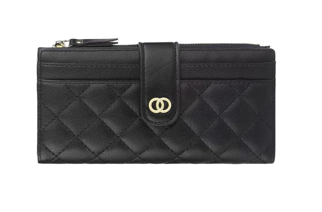 sparefly Stylish Quilted Women’s Wallet | PU Leather Long Clutch Purse with Card Slots, Zip Pocket & Button Closure (Black)-picture-27