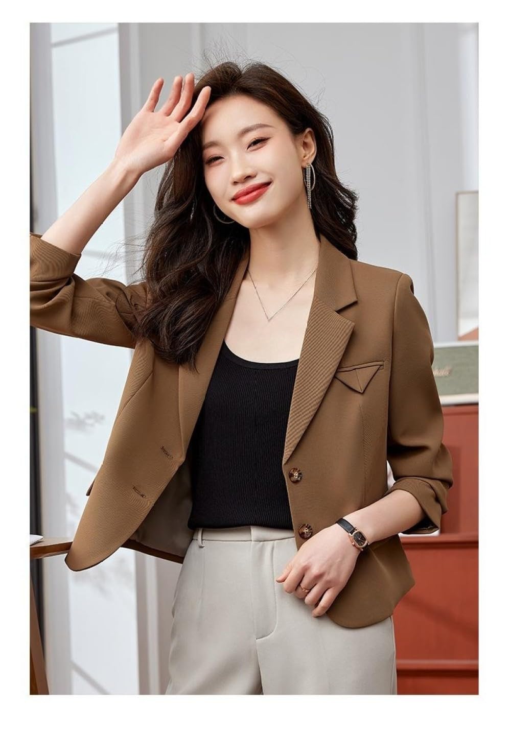 Blaser Jacke Damen,Damen-Blazer Mit Langen Ärmeln, Gekerbtes Revers, Lässige Strickjacke Mit Offener Vorderseite, Beige, Weiße Dreieckige Taschen, Knöpfe, Mantel, Abendanzugjacken, Business-Smar