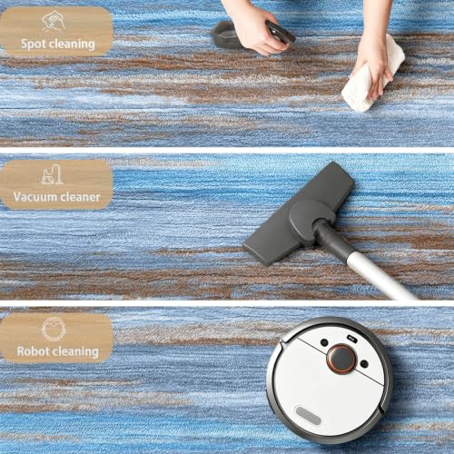 Alfombra interior de pelo corto azul lavable con rayas horizontales 5