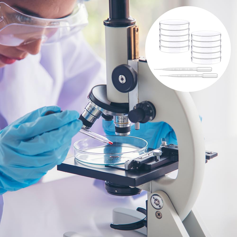 Piastra Petri,Petri Dishes,Piastra Petri in Plastica,Piatti Petri in Vetro, per Cultura di Laboratorio Lievito Batterico,10 con 2 Pipette di Trasferimento per Cultura di Laboratorio Lievito Batterico