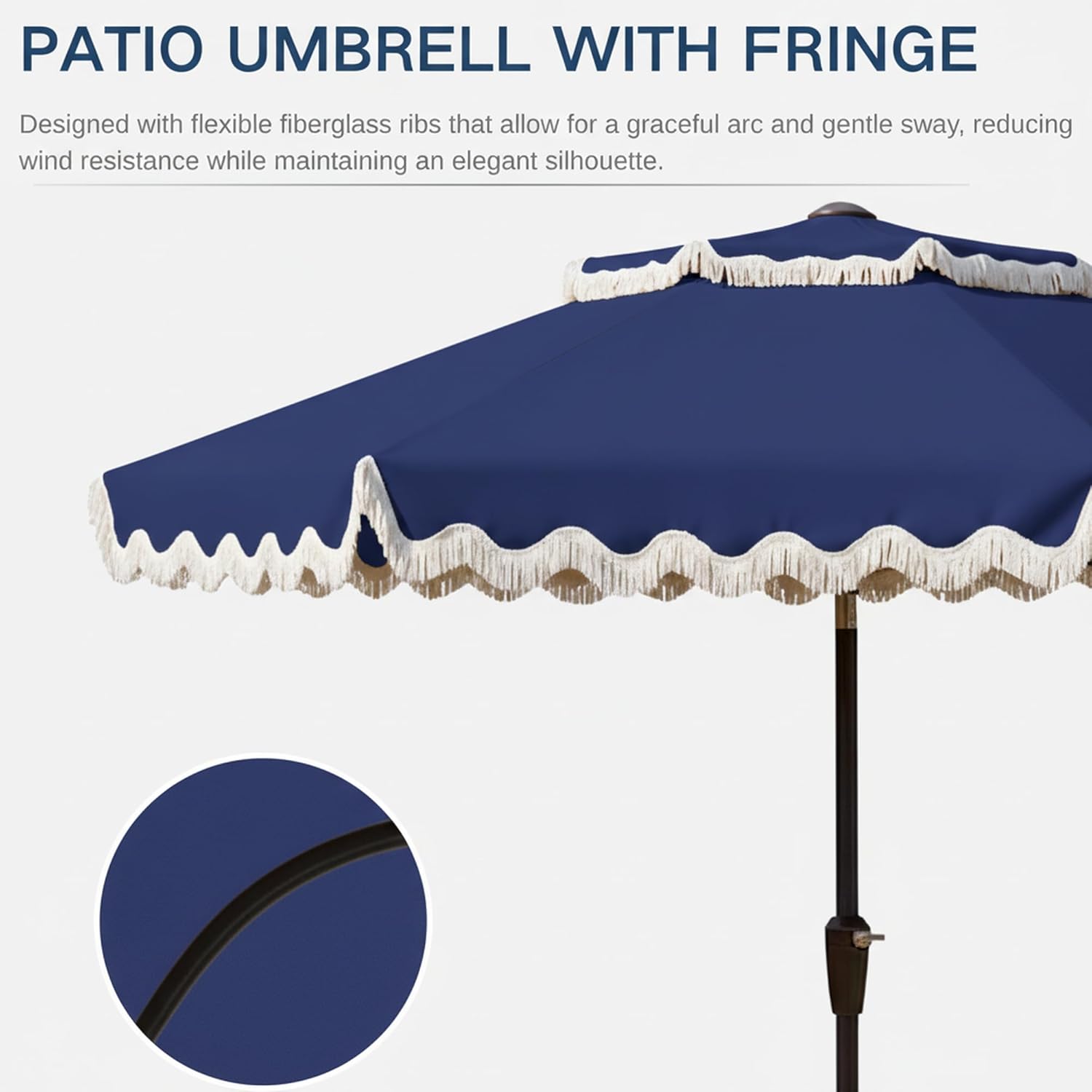 9FT Patio Umbrella with Fringe,Tassel Umbrella with Push-Button Tilt | UPF 50+ & Rust-Resistant Fiberglass Frame for Patio, Pool,Garden,Yard(Navy)