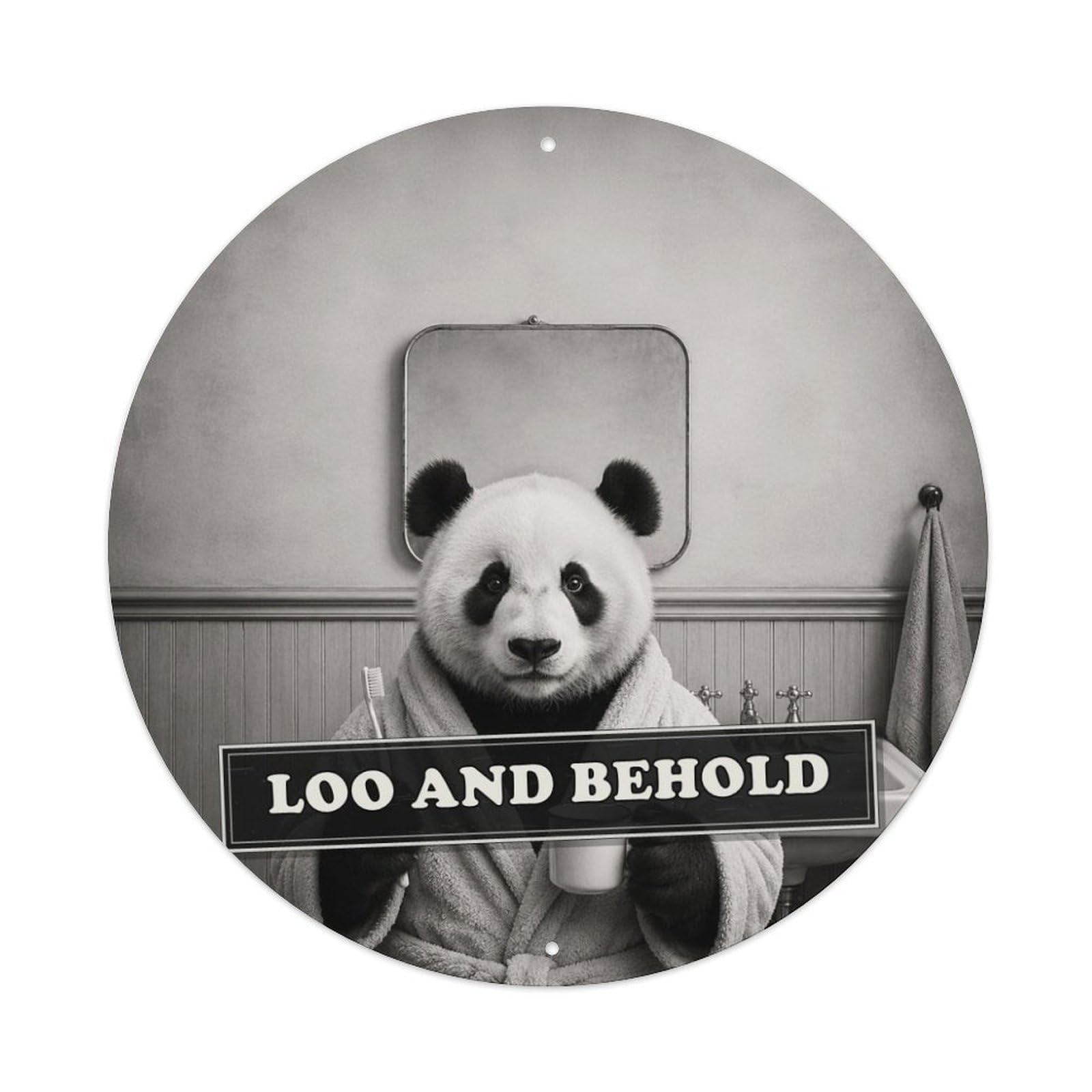 Animal Panda Bathroom Mirror Storybook Anthropomorphic Absurd Metal Tin Sign Plaque Wall Decor for Cafe, Man Cave, Club Bar, Office, Home Garden Round Metal Poster 8x8Inch