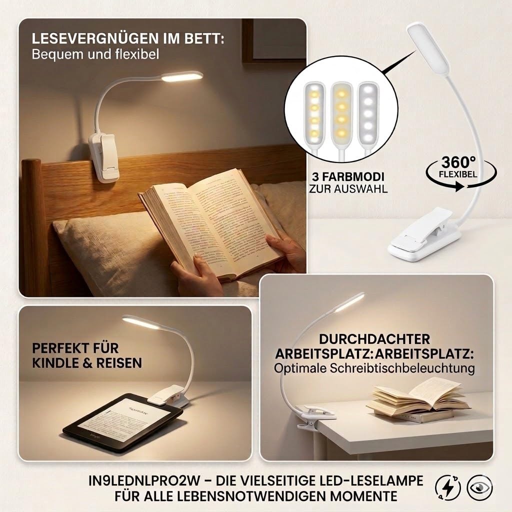 Infitronic IN9LEDNLPRO2W 9 LED Buchlampe Klemmlampe – 3 Farbmodi, stufenlos dimmbar, Augenschutz Leselampe mit 360° Schwanenhals, USB wiederaufladbar, Bettlampe für Bett, Kindle & Reisen
