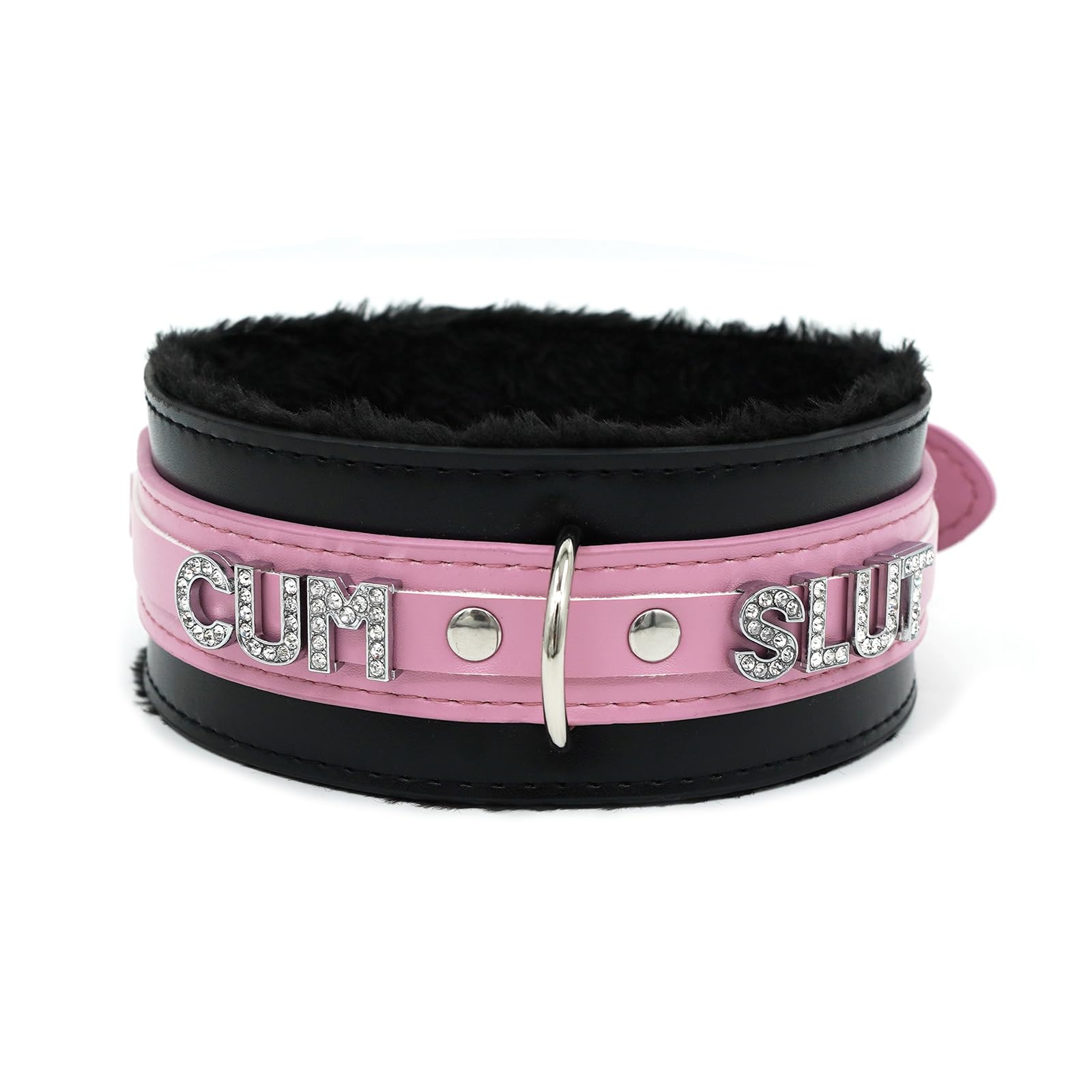 paloli Women Pink Leather Choker Necklace, Punk Gothic Black Fluffy Name Letters Collar Leash Neck Jewelry (SLU, BKPK Fluff)