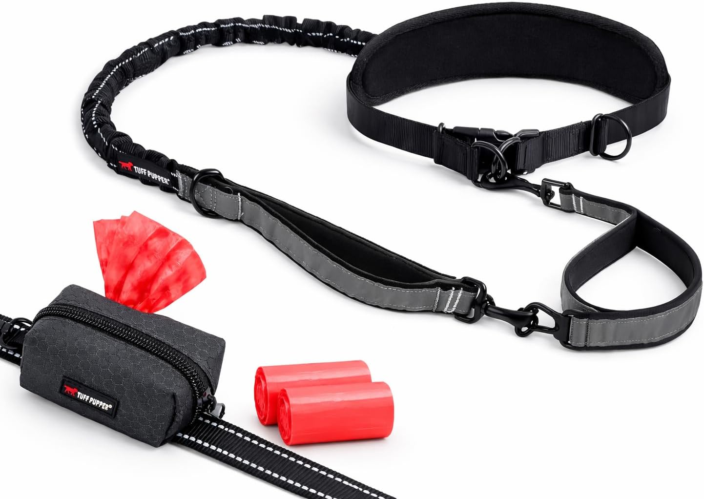 Tuff Pupper Hands Free Dog Leash with Waist Belt & Dog Poop Bag Holder Bundle – Heavy Duty Bungee Leash for Medium & Large Dogs up to 125 lbs – Reflective Dual Handle Leashes with Waterproof Waste Bag