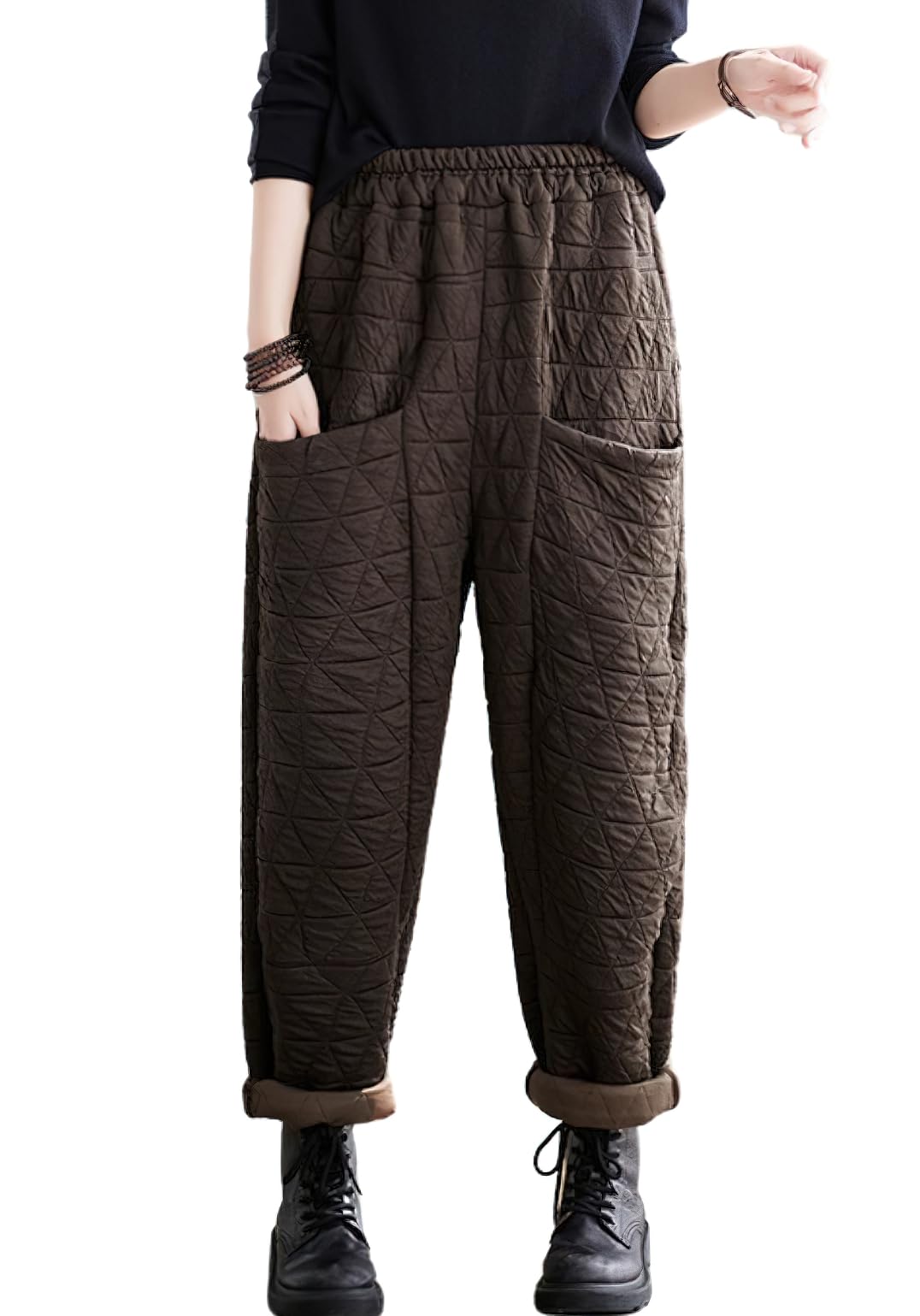 chouyatou Women Winter Warm Padded Quilted Pants Wide Leg Down Cotton Pants Thicker Harem Trousers with Pockets