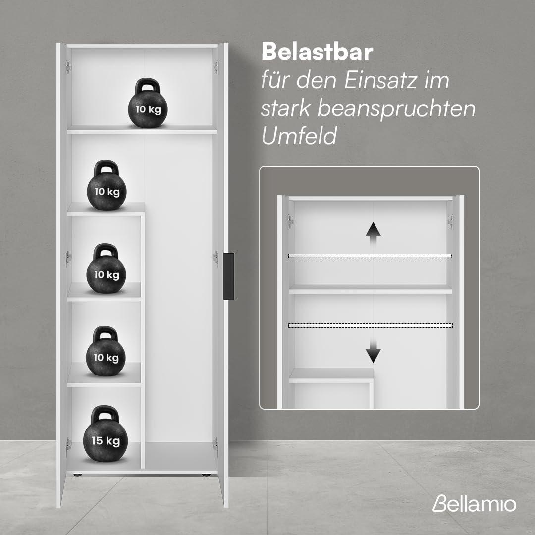 Bellamio Lurio Mehrzweckschrank – weißer Besenschrank aus Holz mit schwarzem Griff – Flurschrank mit 5 Fächern inkl. Staubsaugerfach – Haushaltsschrank – Vorratsschrank – Putzschrank 176 x 33 x 60  cm