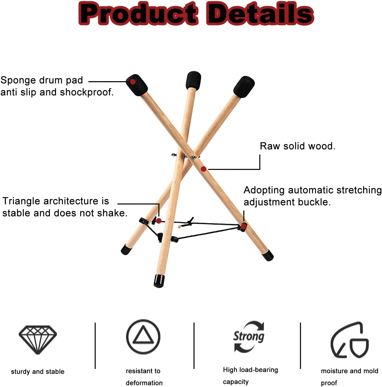 Handpan Drum Stand, Solid Wood Tongue Drum Bracket, Adjustable Tripod Structure Holder, Extendable Snare Holder Bracket for 12 to 22 Inch Percussion Instruments