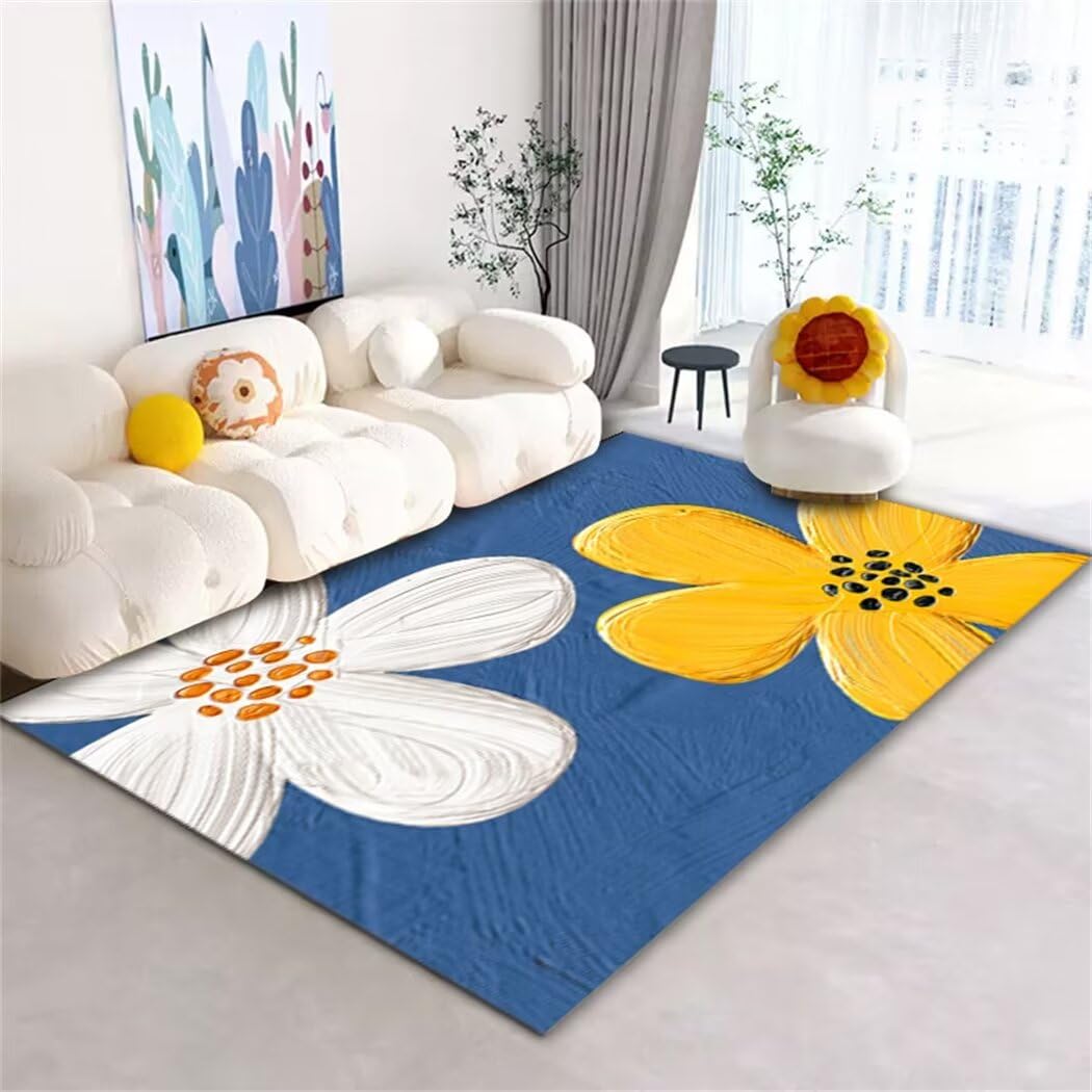 Tapis de salon bleu 200x300cm au motif floral doux pour chambre d'ado
