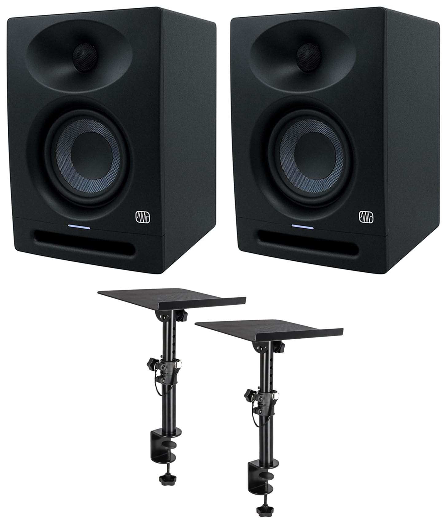 Audiosavings Bundle: (2) Eris Studio 4 Powered Active 4.5" Studio Monitor Speakers w/EBM Waveguide Bundle with Rockville DMS75 Pair Studio Monitor Speaker Stands, Desk Clamp, 15-Degree Tilt (3 Items)