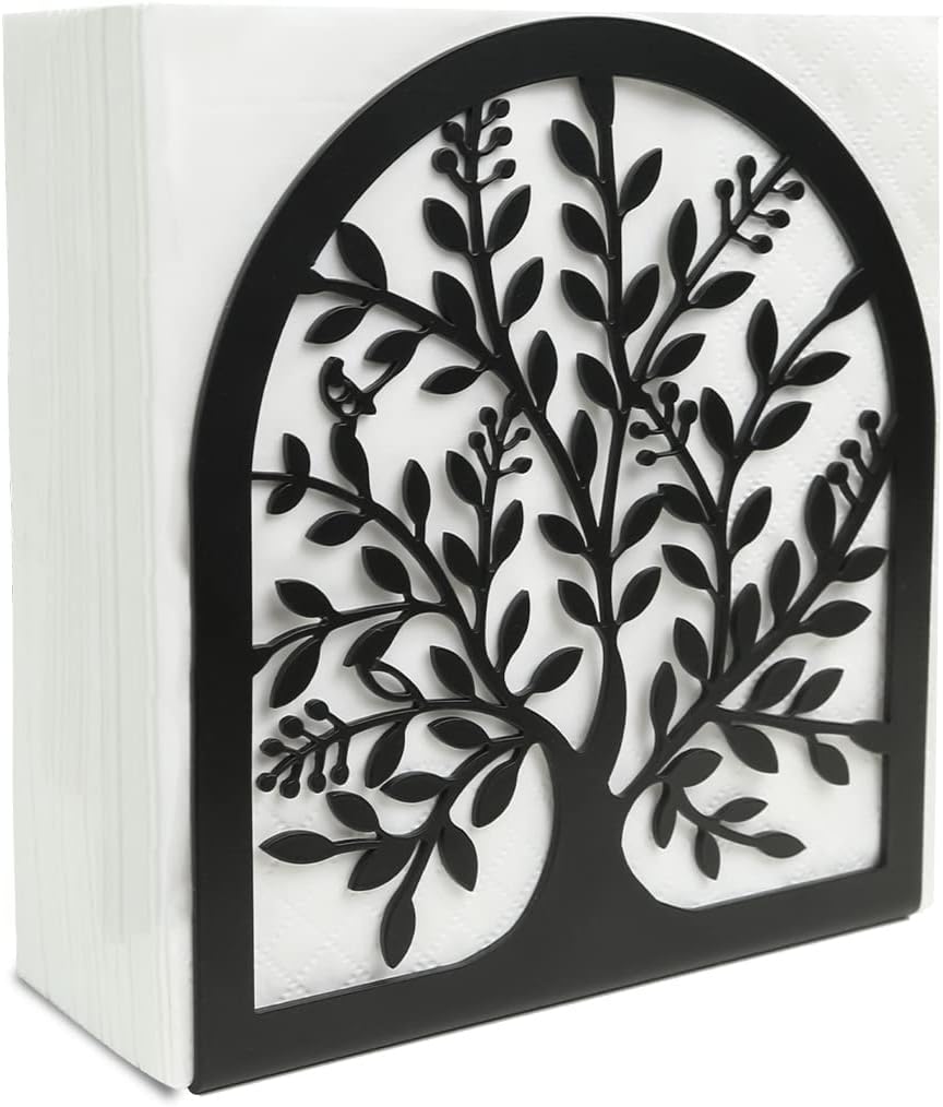 Napkin Holder for Tables, Vintage Metal Freestanding Tissue Dispenser, Black Cast Iron Vertical Tabletop Paper Napkin Holder Stand for Dinner Home Kitchen Restaurant Picnic Party (Tree of Life)