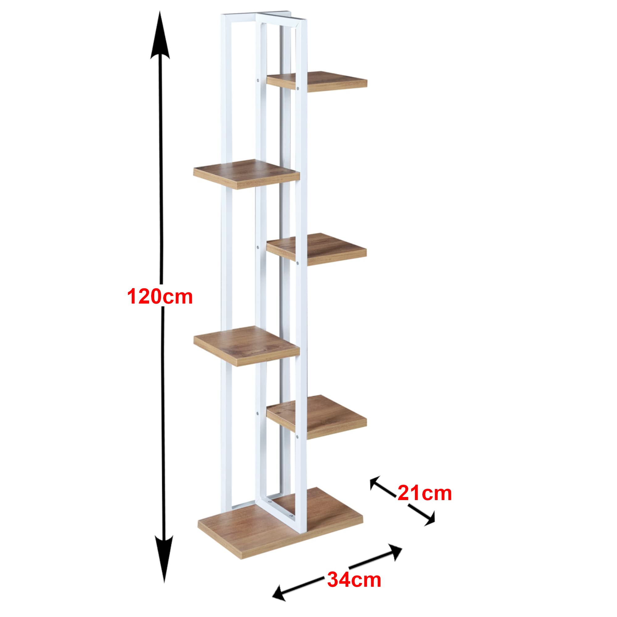 [en.casa] Support de Plantes à 6 Niveaux de Rangement Étagère à Fleurs Polyvalente Panneau de Particules Métal 120 x 34 x 21 cm Effet Noyer Blanc