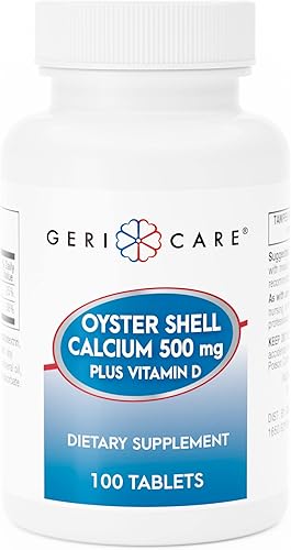 GeriCare Oyster Shell Calcio 500mg + Vitamina D, Salud ósea, Tabletas de suplemento nutricional, 100 unidades (paquete de 1)