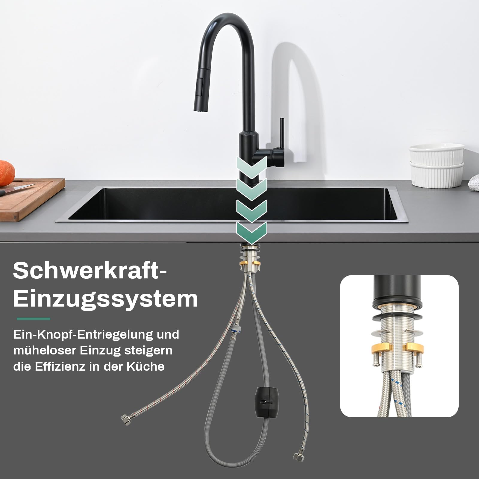 Wasserhahn Küche, Hochdruck Küchenarmatur mit ausziehbarer Brause Spültischarmatur, ausziehbarer Wasserhahn, 360° schwenkbar zwei Brausefunktionen Edelstahl schwarz