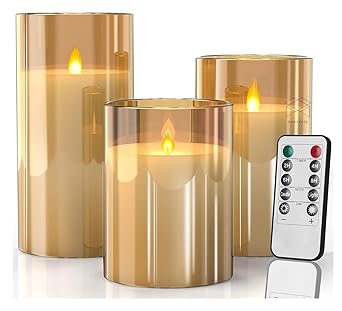 BAREPEPE Glass Electric LED Candles for Home Decoration Diwali Christmas Flameless Flickering Wick with Remote Battery Operated - Golden - Set of 3
