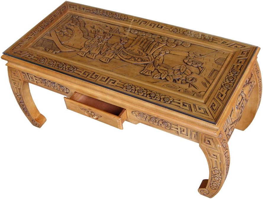Chinese Furniture, Handcarved Oriental Scroll Coffee Table with Glass, Oak Finish