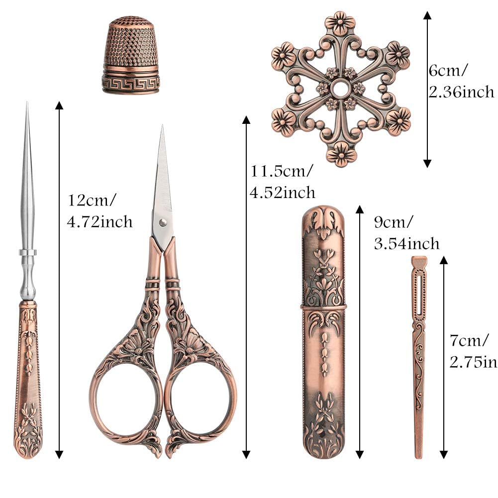 6 tijeras de bordar en caja de regalo, tijeras de costura estilo vintage europeo dedal y hilo dental de metal para costura artesanal (cobre)