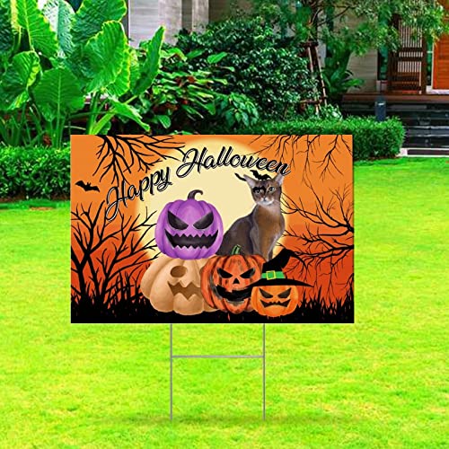 Junelucky Happy Halloween Witch Hat Cat Pumpkin Corrugated Plastic Decorative Yard Sign With Metal H-Stakes Farmhouse Street Welcome Lawn Yard Signs For Outside Patio Garden Decor 12X18 Inch #TOP5