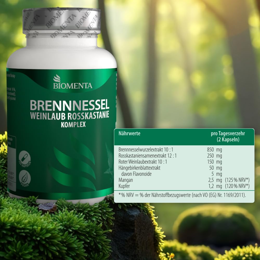BIOMENTA Brennnessel + Weinlaub + Rosskastanie Komplex hochdosiert - 125 Kapseln synergetisch ergänzt mit Birkenblatt, Kupfer und Mangan - vegan - Premiumqualität