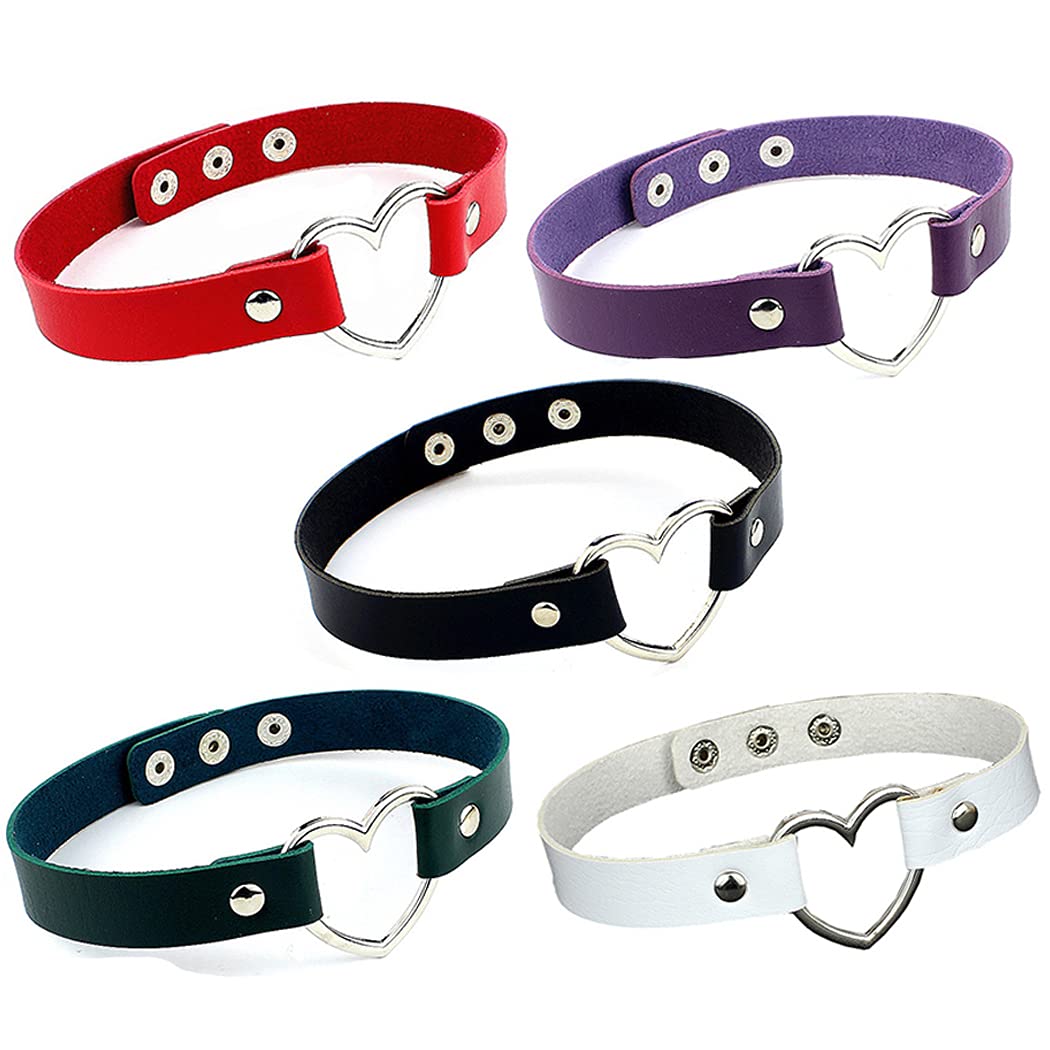 AabellayAabellay 5PCS Heart Choker Necklace PU Leather Choker Collar with Heart Ring Goth Punk Rock Collar Adjustable Size - Black White Red Green Purple