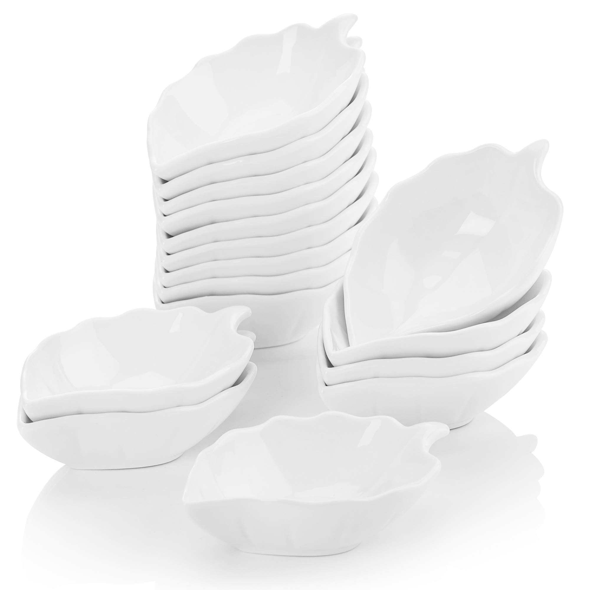 MALACASA Série Ramekin Dish, 16pcs Bols à Sauce Saucière Ramequin Moule à Soufflé Crème Brulée Muffin Cupcakes Pâtisserie Dessert Porcelaine Forme Feuille 4.5"/11.5 * 7 * 3 Petit!