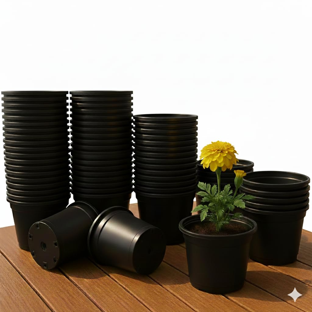 Guruji Plantation 4 Inch Black Plastic Plant Pot with Drainage Hole, Lightweight UV Treated Seedling Flower Planter for Indoor Outdoor Balcony Garden (Medium, 6, Count)-image-45